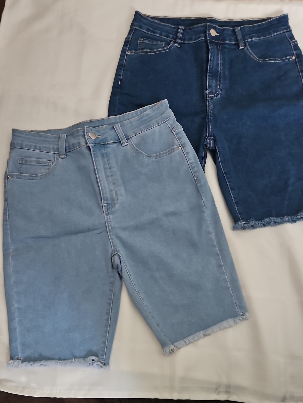 Frayed Hem Denim Bermuda Shorts - Light Wash & Dark Indigo Wash